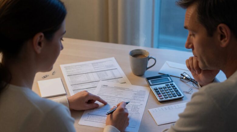 Married couple reviewing tax documents and calculator to plan income splitting strategy