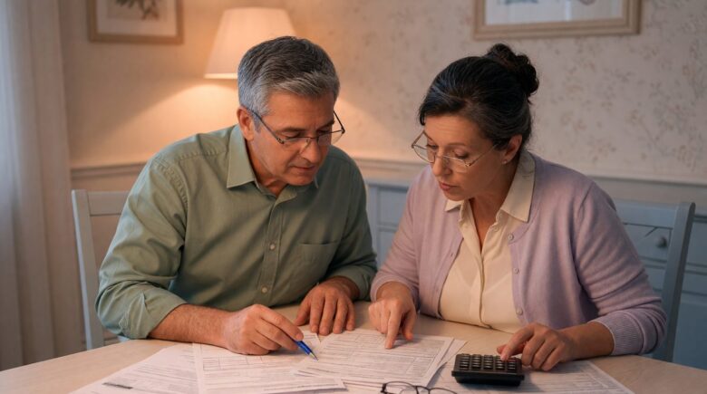 Married couple reviewing tax documents to decide between joint and separate filing options