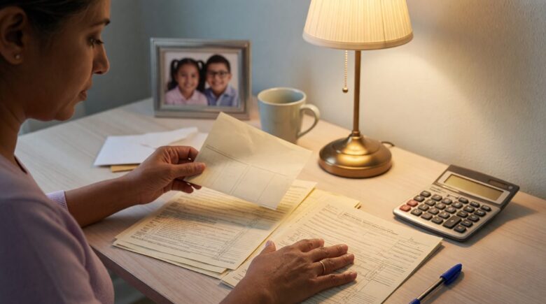 Parent reviewing tax documents and child tax credit information at a desk