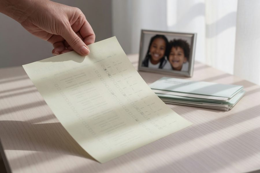 Parent reviewing tax documents with a calculator at the kitchen table