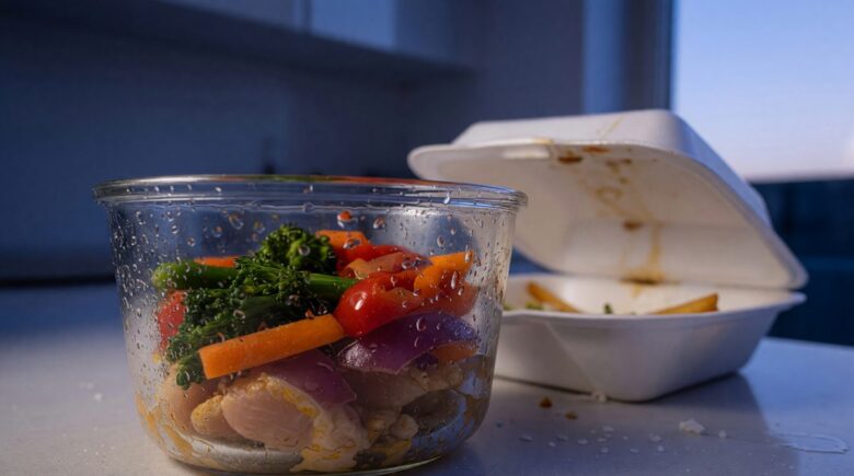 Side-by-side comparison of home-cooked meal ingredients versus restaurant plated food with price tags