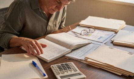 Professional woman reviewing financial documents and retirement savings plan at desk