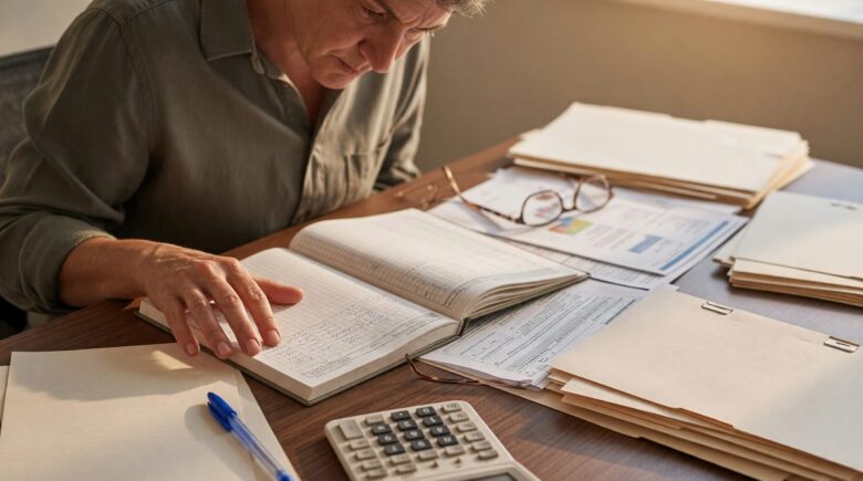 Professional woman reviewing financial documents and retirement savings plan at desk