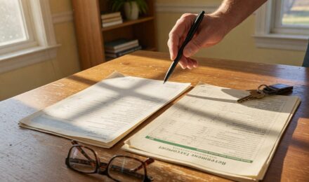 Couple reviewing mortgage documents and retirement plan at home