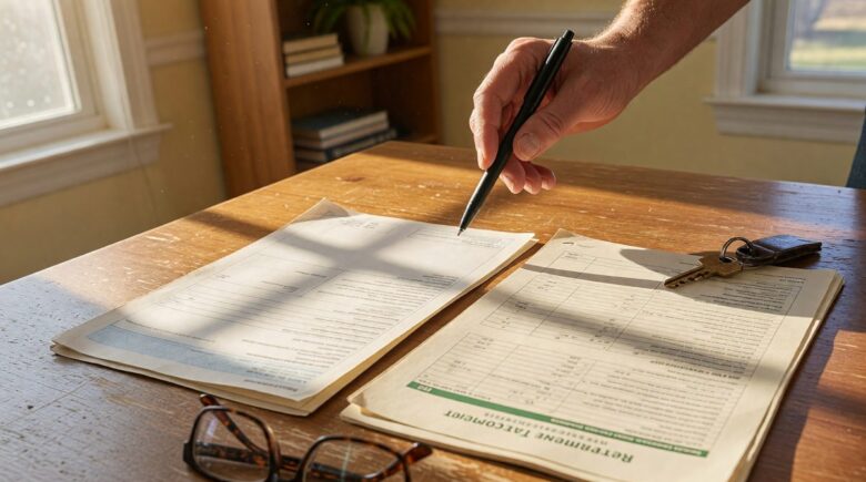 Couple reviewing mortgage documents and retirement plan at home