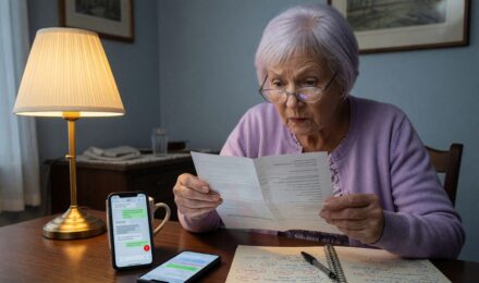 Older adult and adult child reviewing financial documents together at home