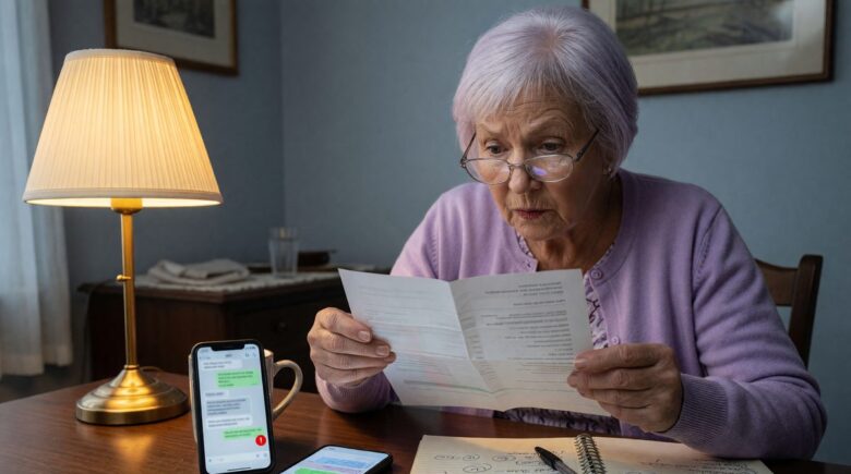 Older adult and adult child reviewing financial documents together at home