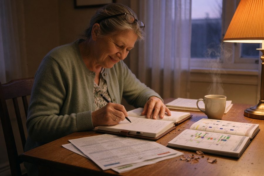 Senior woman reviewing retirement paperwork at kitchen table after divorce