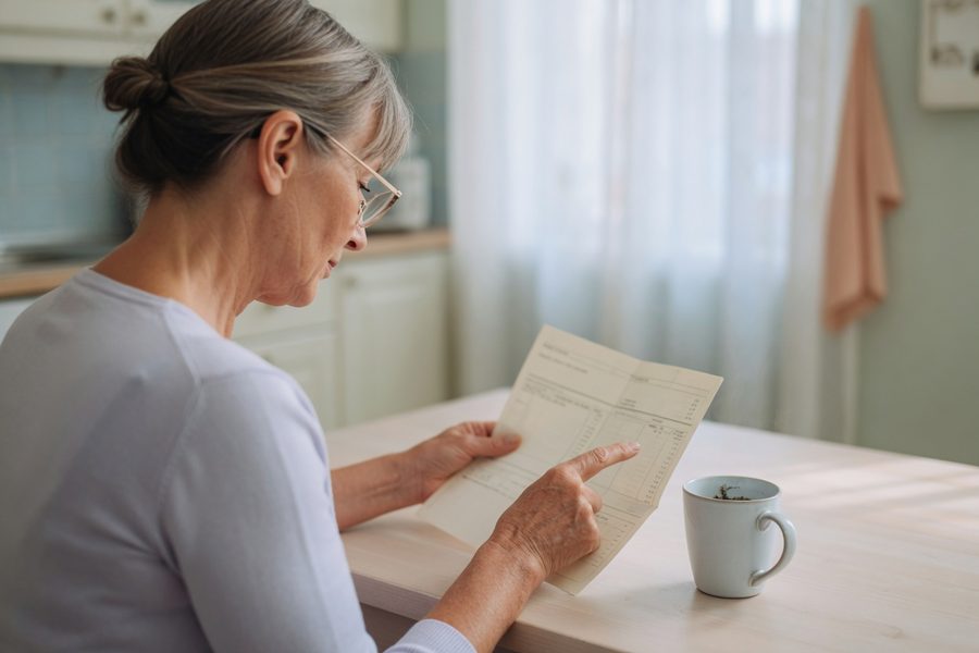 Woman over 60 reviewing social security statement and budget spreadsheet
