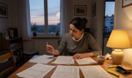 Person reviewing financial documents while planning debt payoff strategy at home