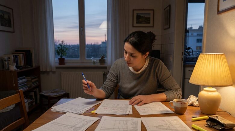 Person reviewing financial documents while planning debt payoff strategy at home