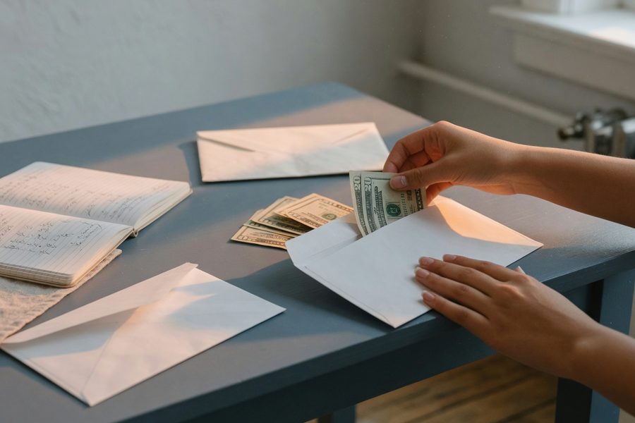 Renter tracking monthly budget categories and debt payments on a notebook with a calculator