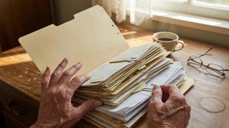 Retirement couple reviewing tax documents and financial statements at home office