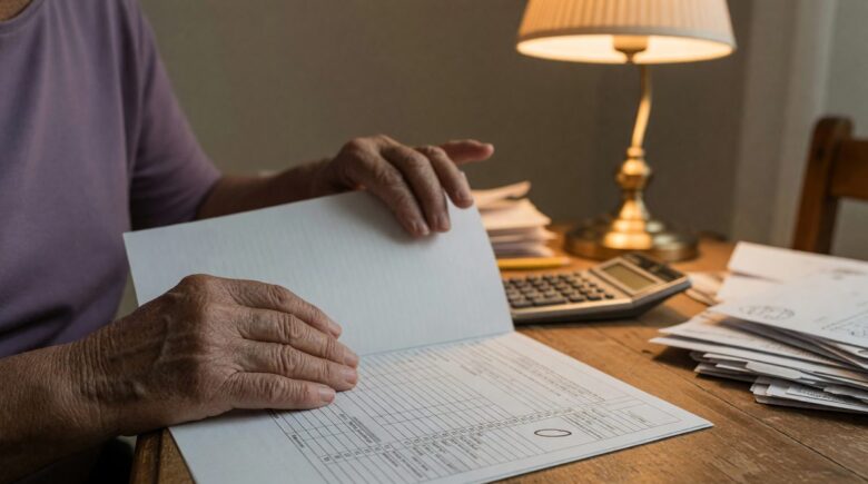 Senior couple reviewing tax documents and retirement income statements at home