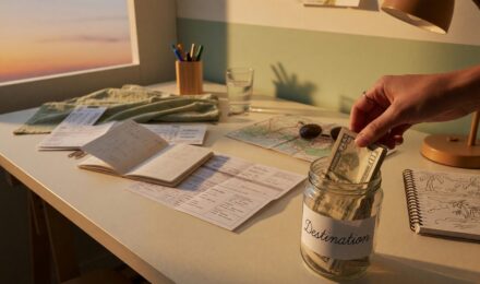 Woman planning a beach vacation while reviewing savings goals and budget strategy
