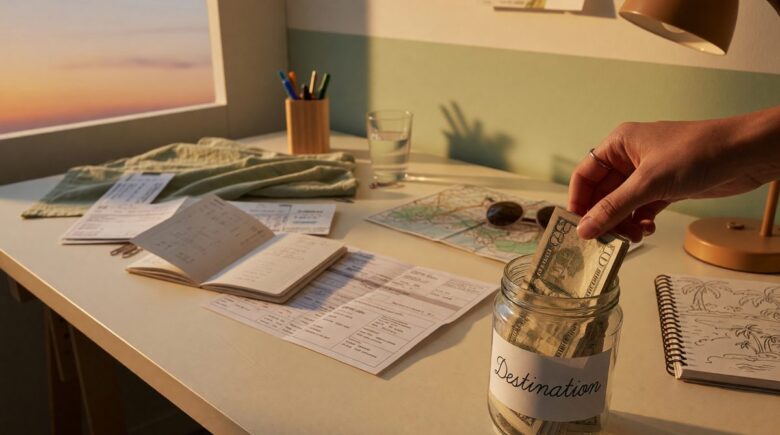 Woman planning a beach vacation while reviewing savings goals and budget strategy