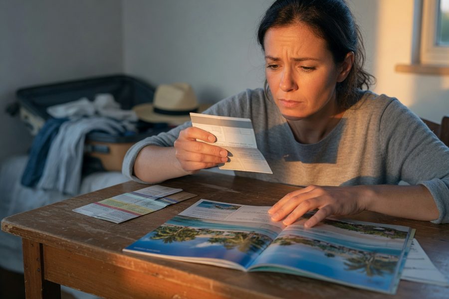 Credit card statement with vacation charges and interest fees highlighted