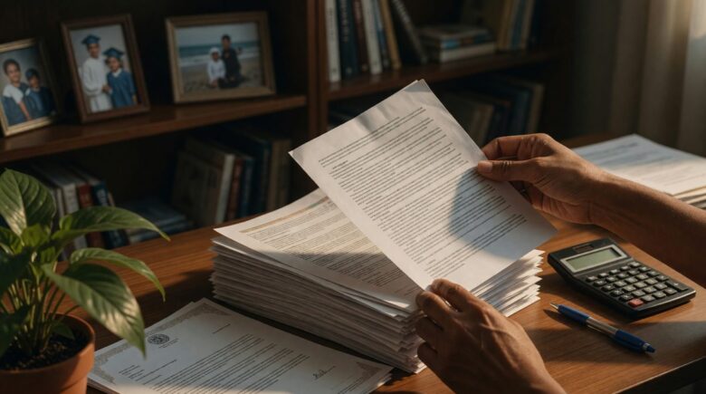 Parent reviewing college savings options including 529 plans and investment accounts at home