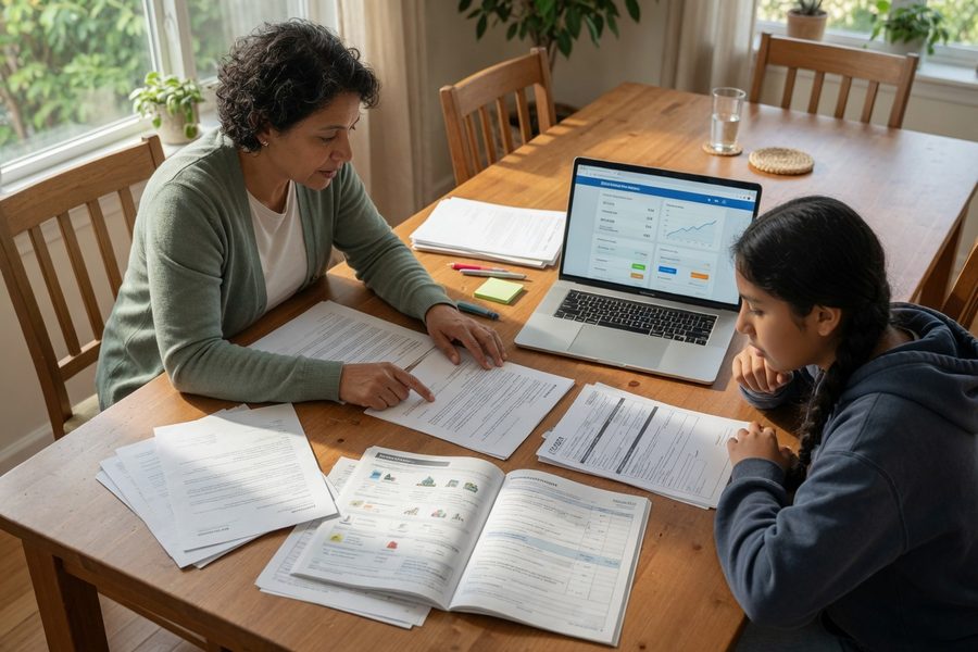 A high school student and parent reviewing scholarship applications on a laptop.