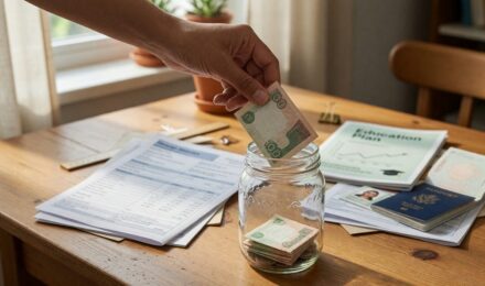 Person reviewing savings plan with calculator and financial documents