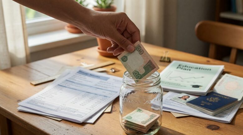 Person reviewing savings plan with calculator and financial documents