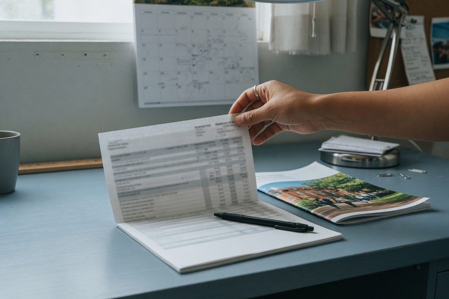 A parent reviewing a college savings statement on a phone while a child does homework nearby