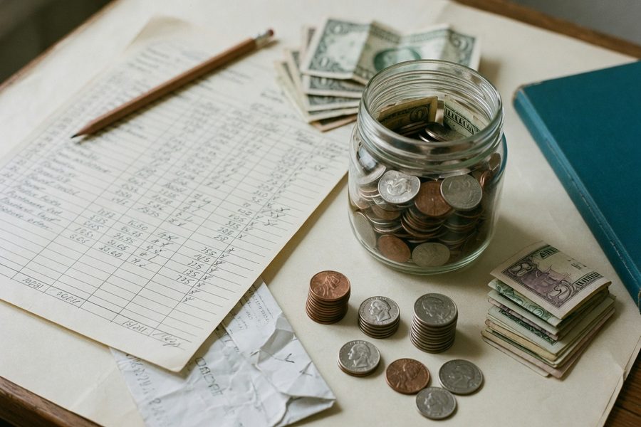 Divided glass jars labeled "Home," "Wedding," "College," and "Retirement" with coins inside