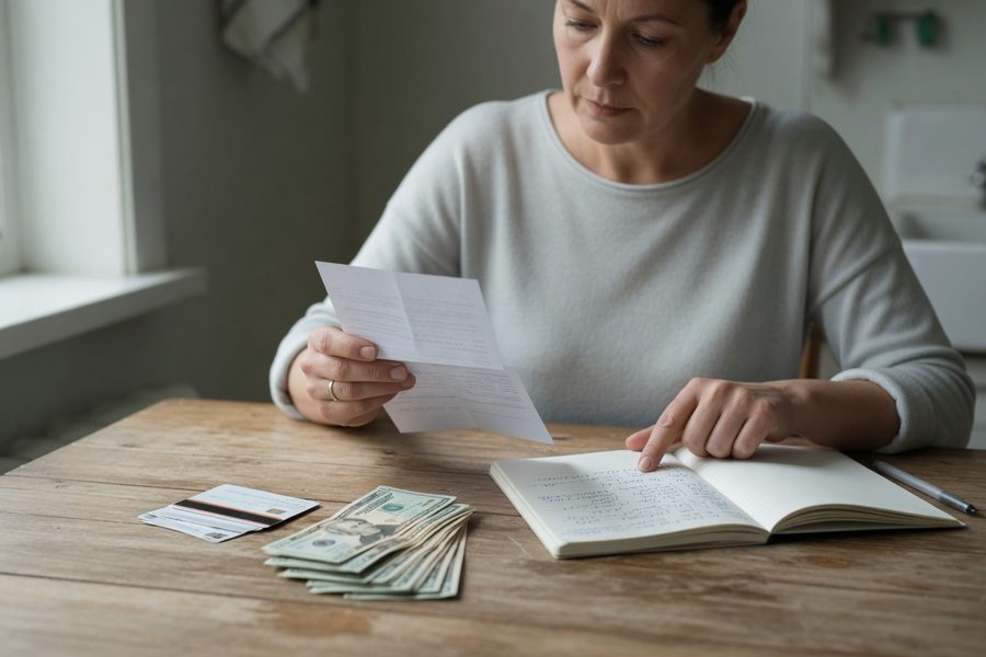 Hand placing labeled envelopes for different savings goals