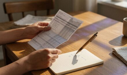 Person reviewing bank statements and receipts during a monthly spending audit