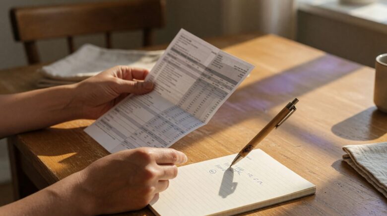 Person reviewing bank statements and receipts during a monthly spending audit