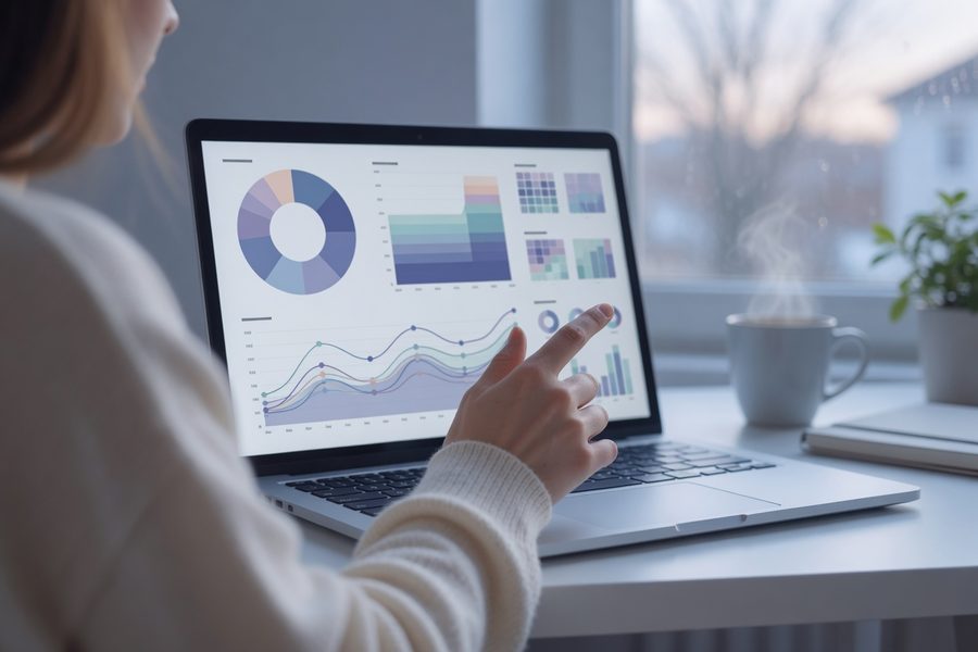 A person reviewing a spreadsheet on a laptop with a coffee, symbolizing a monthly spending audit habit