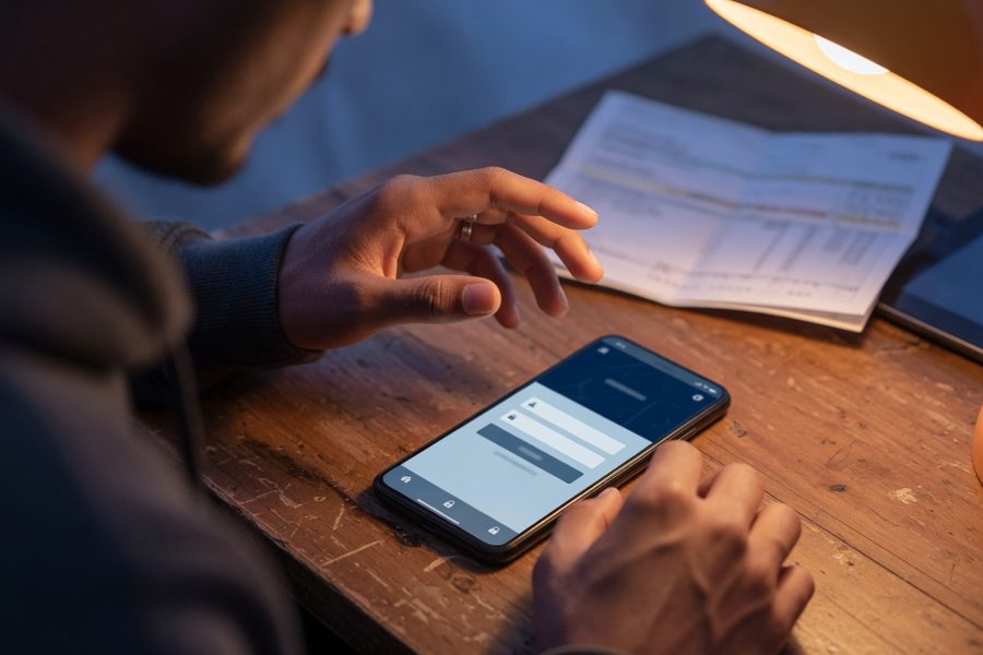 Smartphone showing a fake bank call with a spoofed number next to a real bank's app notification