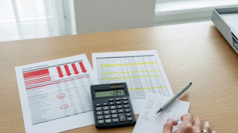 Illustration of investment portfolio with loss and gain symbols showing tax-loss harvesting concept