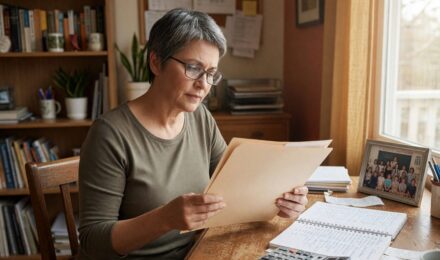 Teacher reviewing retirement planning documents at desk with pension and savings information