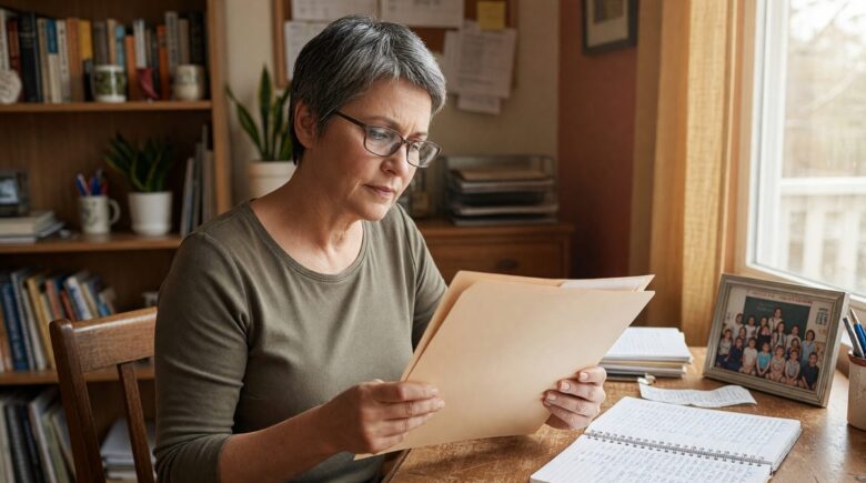 Teacher reviewing retirement planning documents at desk with pension and savings information