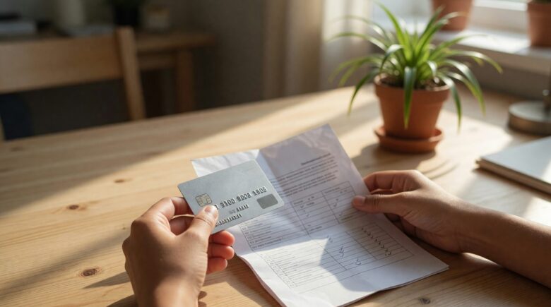 Teenager learning about credit building with parent and credit card