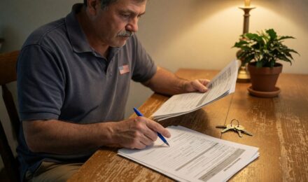 Veteran reviewing credit report and mortgage approval documents after VA loan default