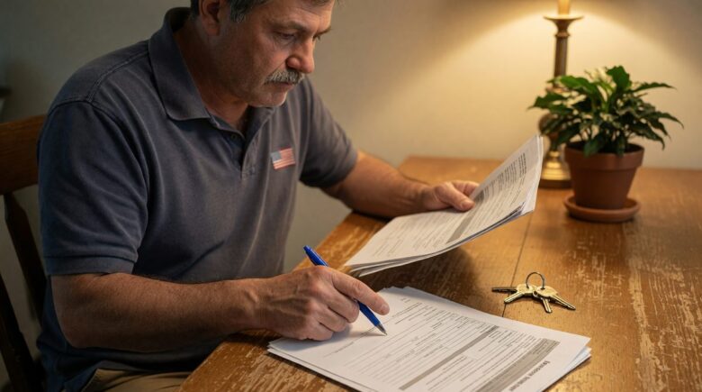 Veteran reviewing credit report and mortgage approval documents after VA loan default