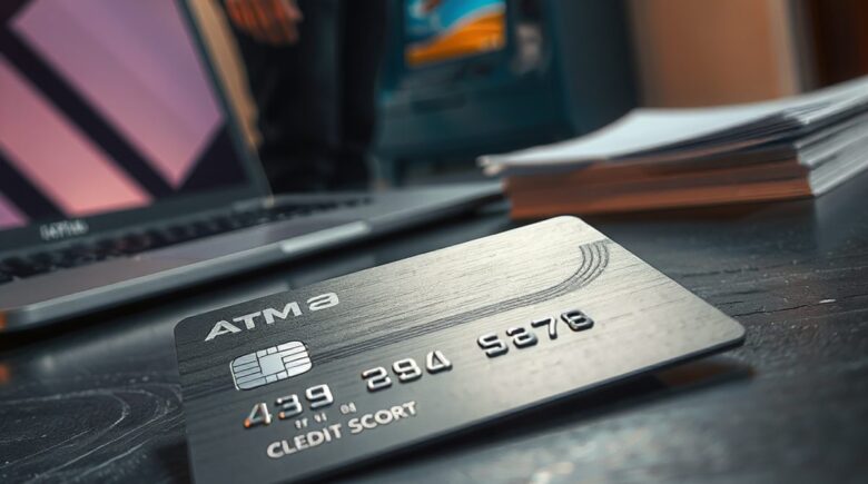 A person reviewing their credit card statement with a worried expression, showing a drop in their credit score after paying off a card